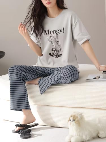 Image of Celary Korean Women's Pyjama Set|Half Sleeve T-Shirt & Printed Pyjama Set for Women|Size:- M to 4XL|Soft Cotton Blend Comfortable Night Suit for Women