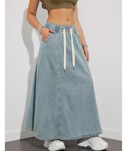 SEMATOMALA Women's Paperbag Elastic High Waist A Line Jean Long Dress Swing Flare Maxi Denim Skirts2