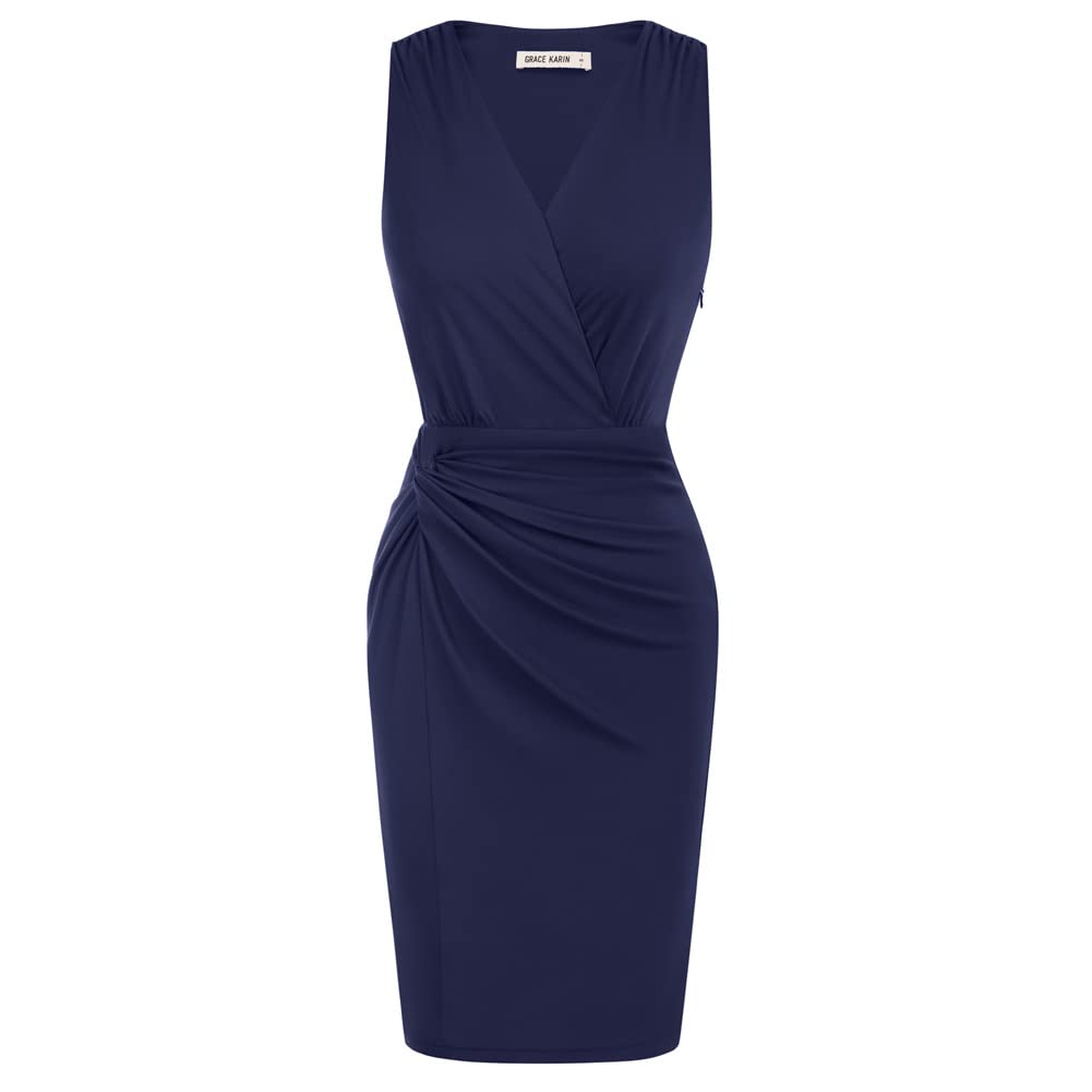 GRACE KARIN Vestido de tubo ajustado sin mangas con cuello en V para mujer, fruncido en las caderas, para fiesta, cóctel