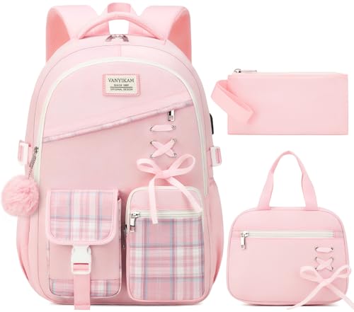 Image of Cute School Backpack for Teen Girls, 3Pcs Kids Bookbag with Lunch Box Pencil Pouch for Elementary Middle High School College, Water Resistant Laptop Backpacks Back to School Gift, Pink Tartan