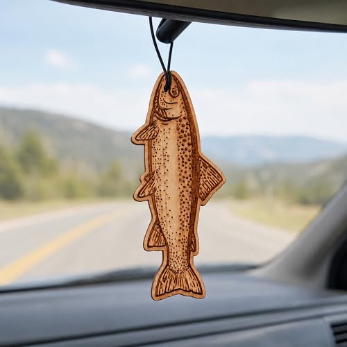 Image of Arotags Trout Car Air Freshener Kit, Reusable Wood Hanging Diffuser with 30 mL Backwoods Birch Fragrance Oil, Fishing Car & Truck Accessory