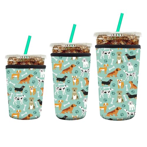 Image of 3 Pack Reusable Neoprene Insulator Sleeve for Iced Coffee Cups, Funny Coffee Cup Sleeves for 16-32oz Coffee cups, Cute Drink Sleeve for Cold Hot Beverages Cute Green Dog