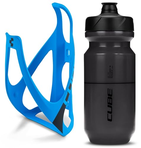 Cube HPP Cage - Matt Blue/Black & Flow Bottle - Black, 500ml / Water Drink Flask Vessel Bidon Holder Mount Bracket Kit Lightweight Plastic Drinking Hydration Biking Bike Riding Frame Accessories