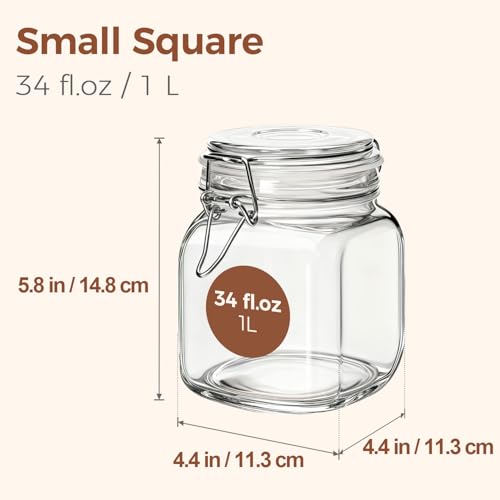 Image of ComSaf Airtight Glass Canister Set of 3 with Lids 34oz Food Storage Jar Square - Storage Container with Clear Preserving Seal Wire Clip Fastening for Kitchen Canning Cereal,Pasta,Sugar,Beans,Spice | Coffee beans, Tea sugar flour, Coffee station, Pantry organization, Small apartments, Countertop storage, Pickle