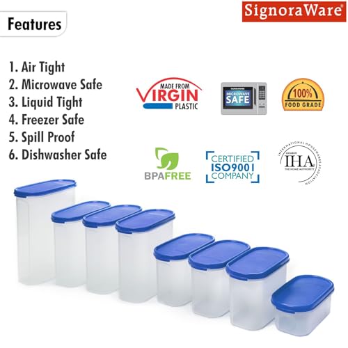 Image of Signoraware Modular BPA Free Plastic Oval Container | Airtight & LeakProof | Kitchen Storage | Ideal for Grains, Flour & Rice storage (2.3ltr + 1.7ltrx3 + 1.1ltrx3 + 500mlx1 | Setof8 | ModBlue)
