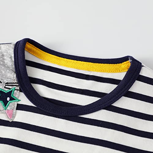 Image of Girls Cotton Long Sleeve Casual Cartoon Appliques Striped Jersey Dresses