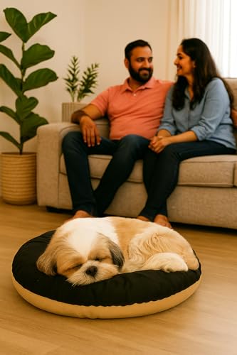 Image of The Pets Company Calming Dog & Cat Bed | Soft Fluffy Donut Reversible, Washable Pet Bed for Puppies | Cozy Plush Anti-Anxiety Cushion |, (L-26 Inch x B-26 Inch x H-4 Inch), Black & Beige-Small
