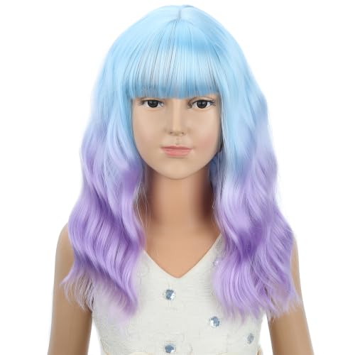 Image of Light Blue Ombre Light Purple Wig for Girls Blue Purle Wig with Bangs Adult Short Wavy Curly Wigs Synthetic Cosplay Hair Wigs