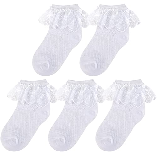 Looching 4/5 Pair Baby Girls Eyelet Ruffle Cotton Lace Socks White Princess Dress Socks For Toddler Kids Child 1-10 Years4