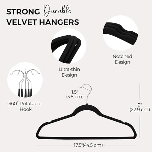 HOUSE-DAY-Premium-Velvet-Hangers-50-Pack-Non-Slip-Flocked-Felt-Hangers-Black-Sturdy-Clothes-Hangers-with-360-Rotatable-Hook-Heavy-Duty-Coat-Hanger-Durable-Slim-Hanger-for-Closet-Space-Saving