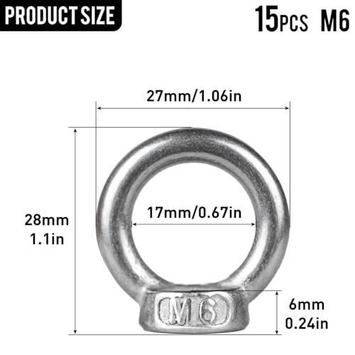 15 Stück Ringmutter M6, Ringösen Gewinde, 304 Edelstahl Ringmuttern Augenmuttern, Ösenmutter, Ösenschrauben, Schraubösen, Hardware Ringösen Ringschrauben für Hebezubehör(15, M6)
