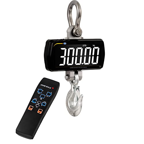 PCE Instruments,  PCE‑CS 300LD Crane Scale / Industrial Scale, Measures 0–300 kg (0–661 lbs) with ±1 % Accuracy, Remote Control, 41 mm LCD Display, Metal Housing & Summing Function