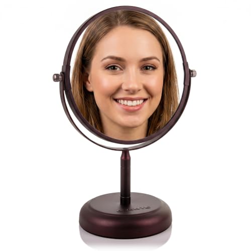Image of OVENTE 7'' Makeup Mirror with 1X /5X, Antique Bronze MNLDT70ABZ1X5X | Tabletop 360 Swivel Design and Double-Sided Free-Standing Vanity Perfect for Dresser, Bedroom and Office Desk