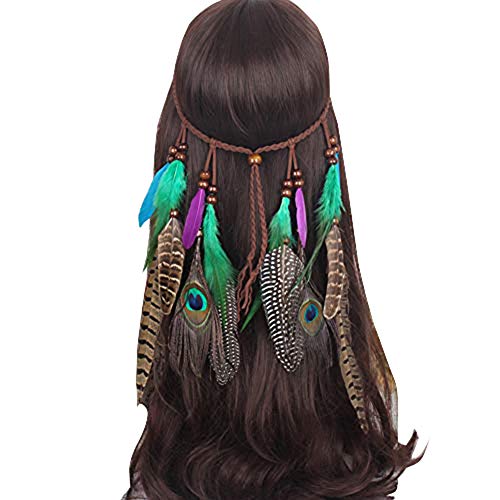 Boomly Damen Mädchen Feder Haarband Indischer Kopfschmuck Boho Hippie Perlen Stirnband Seil Anhänger Haarschmuck für Halloween-Karneval (#1) Cover