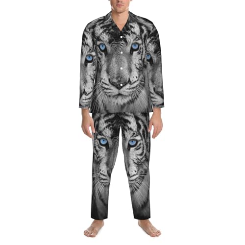 White Tiger With Blue Eyes Mens Pajamas Set Button Down Sleepwear Set Long Sleeve Loungewear With Pockets