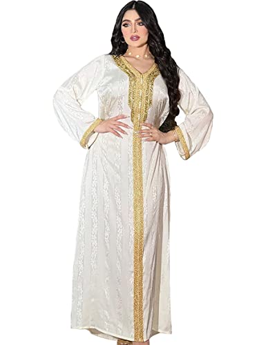 zhxinashu Abayas pour Femme Dubaï,Robe du Moyen-Orient Blanc et Or,Robes Marocaines Calizan,Robe Arabe élégante pour Femmes Cover