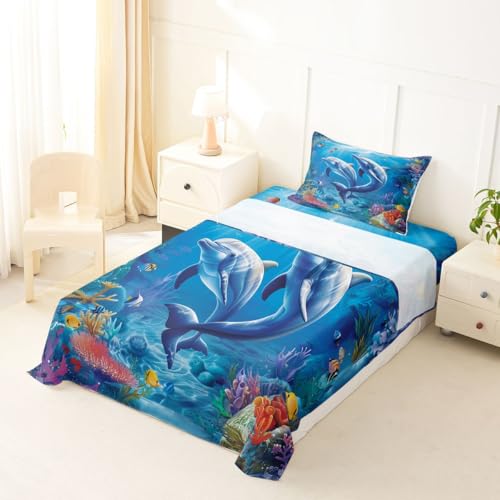 Image of jejeloiu Dolphin Bed Sheets Set Twin Size Cute Ocean Animal Bed Set Jumping Dolphins Deep Pocket Fitted Sheet Blue Ocean Marine Themed Breathable Soft Lightweight Microfiber