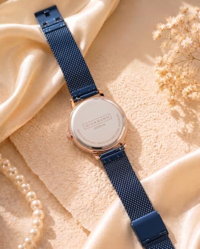 Image of Giordano Analog Quartz Watch for Women with Round Dial, Two-Hand Display, Crystal-Studded Hour Markers and Bezel and Stainless Steel Mesh Strap - A2085