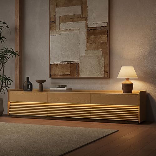 Image of POVISON 95 inch Fully Assembled Mid Century Modern TV Stand with LED Lights, Extra Long Media Console with 6 Drawers, Luxury Wood Slatted Entertainment Center for 85 90 100 Inch TV