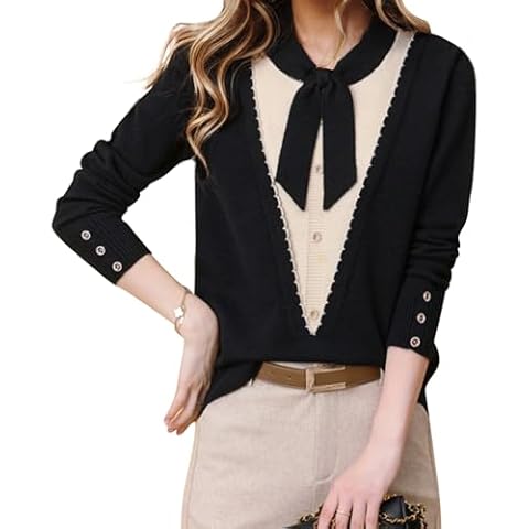 LAI MENG FIVE CATS Women's Vintage Tie Neck Sweater Knit Shirt Long Sleeve Tunic Pullover Blouse Tops Cover