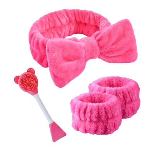 Cerchietto elastico per trucco con rosa fucsia e lilla (fascia e polsiere fucsia + spazzola viso 2 in 1, grande)