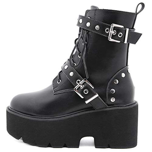 Image of Parisuit Womens Goth Patent Ankle Boots Platform Chunky Combat Boots | Lace Up, Gothic Boots, High Heel, Punk Short Booties, Buckle Boots, Chain Boots