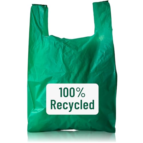 PWgoods 100% Recycled Plastic Carrier Bags - Green, Large 11 x 17 x 21, Heavy Duty 22mu, 200 Pack, Easy Tie Handles, Takeaway Shopping Retail Grocery Bin Bag