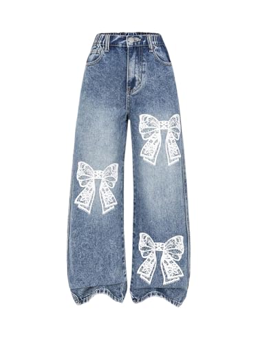 Girl's Y2k Bow Print Baggy Jeans Wide Leg High Waisted Denim Pants