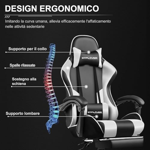 GTPLAYER Sedia da gaming massaggiante ergonomica per computer, con poggiapiedi e supporto lombare, regolabile in altezza, sedile girevole a 360° e poggiatesta, per ufficio, colore bianco