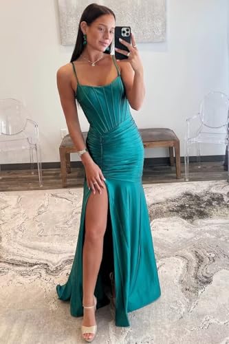 Spaghetti Strap Mermaid Prom Dresses Long Scoop Neck Satin Pleated Split Tight Formal Evening Party Gowns with Train2