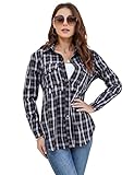 Clearlove Damen Karierte Hemd Flanell Bluse Langarmshirt mit Knopfleiste Casual V-Ausschnitt Oberteile Klassische Karo Blusenshirt Rüschen Tunika Top