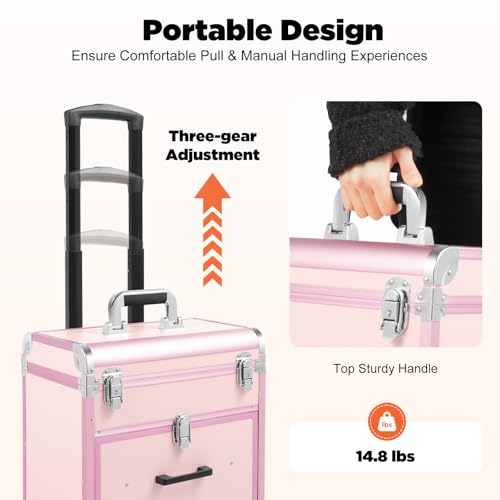 Image of Makeup Train Case, Professional Cosmetics Rolling Organizer, Rolling Makeup Trolley Case, Nail Polish Organizer, Jewelry Travel Cosmetic Train Case with 4 Wheels & 2 Keys (Pink) (B0H1QJSTTR)