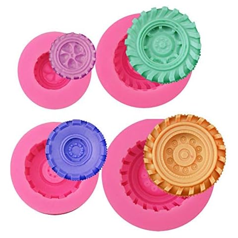 Tire Fondant Moulds- Set of 4 Truck Wheel Shape Silicone Mold for Sugarcraft Cake Decoration, Chocolate, Candy, Polymer Clay, Soap, Jelly etc Cover