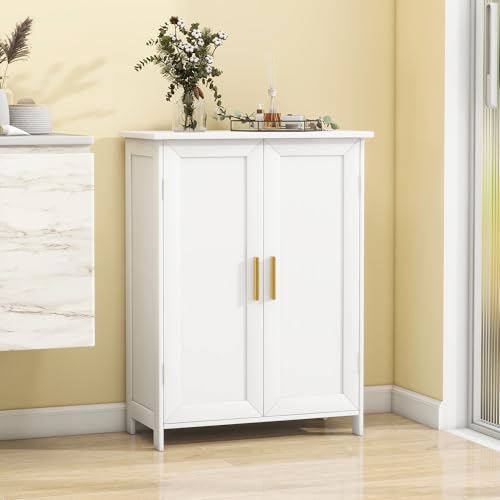 Bathroom Storage Floor Cabinet Freestanding Organizer with Adjustable Shelves for Bathroom Laundry Room,2 Doors White With 2 Doors