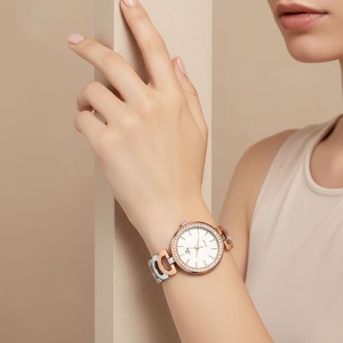 Image of IIK COLLECTION Watches for Women Round Studded Dial |Analogue Quartz Movemnet Ladies Watch|Long Battery Life|Stainless Steel Adjustable Bracelet Chain Strap|Double Lock Clasp Safety Watches for Girls
