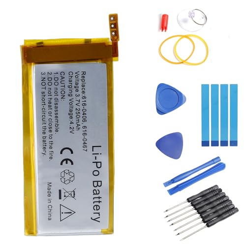 PONDWAY 250 mAh, 3,7 V, 616-0405, 616-0407, P11G73-01-S01, Ersatz-Akku, kompatibel mit iPod Nano 4 4th 4 GB 8 GB 16 GB MB903LL/A MP3 Musik-Player, wiederaufladbar, Li-Po, Akku + Repair Tool