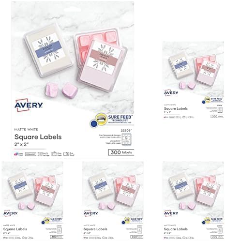Avery Printable Square Labels, 2" x 2", Matte White, Laser & Inkjet Compatible, Great for Branding, Packaging, Events, and More (22806), 300 Blank Labels (Pack of 5)