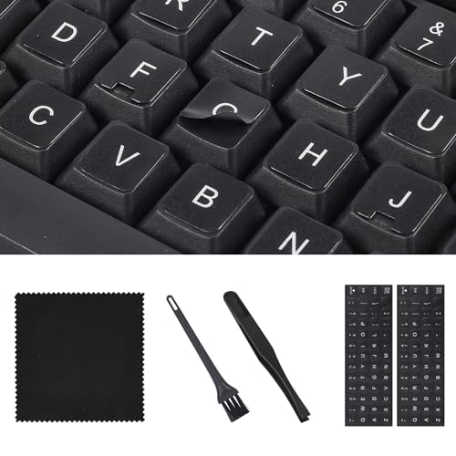 2PCS English Keyboard Stickers with Tweezer, Universal Replacement English Keyboard Stickers Black Background with White Lettering, Keyboard Alphabet Stickers for PC Laptop Notebook Computer Desktop