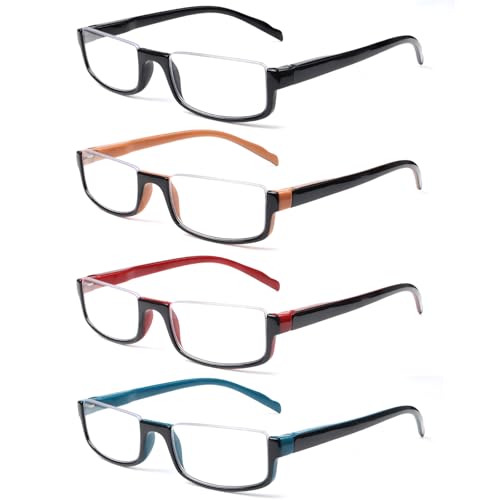 Image of Henotin 4 Pair Reading Glasses for Women Men Readers Half Moon Frame Blue Light Blocking Spring Hinge Eyeglasses (Mixed Color, 3.50, x)