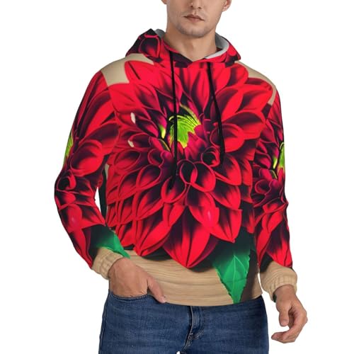 Pull à capuche en bois imprimé dahlia rouge, l'élégance rétro en noir 3XL