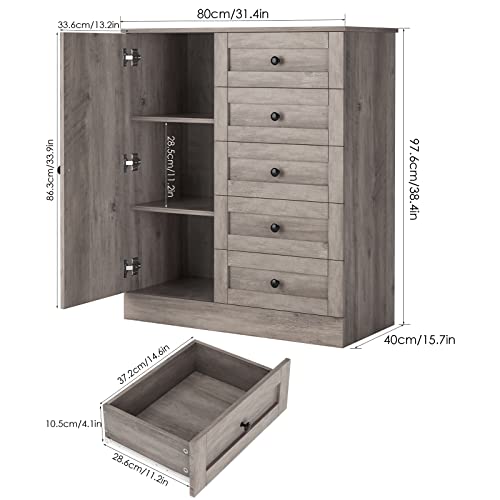 Hostack 5 Drawer Dresser With Door, Storage Cabinet With Drawers And Shelves, Modern Chest Of Drawers Closet Organizers For Bedroom, Living Room, Kitchen, Hallway, Ash Grey #TOP2