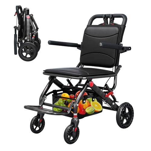 Care-Parents Rollstuhl, faltbar, leicht, 8,5 kg,Sitzbreite:40cm,mit Sicherheitsgurt, großem Einkaufskorb und unzerstörbaren Reifen, Transportrollstühle für Behinderte and ältere, bis zu 100 kg