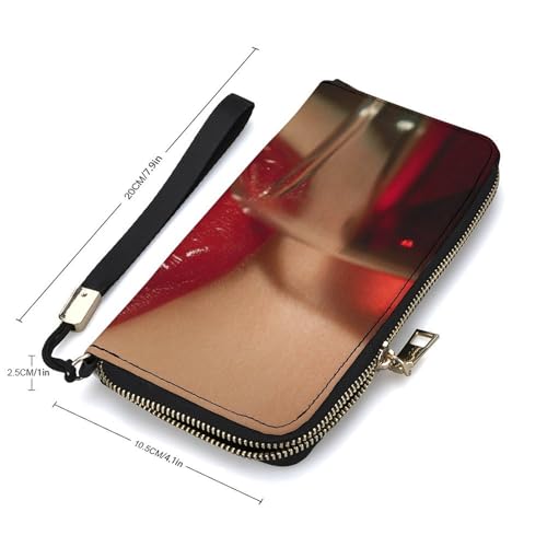 Woman Red Lips Drinking Wine PU Leather Clutch Long Bifold Wallet, Coin Purse Credit Pass Case, Durable Card-Holder Money Storage for Women Men2