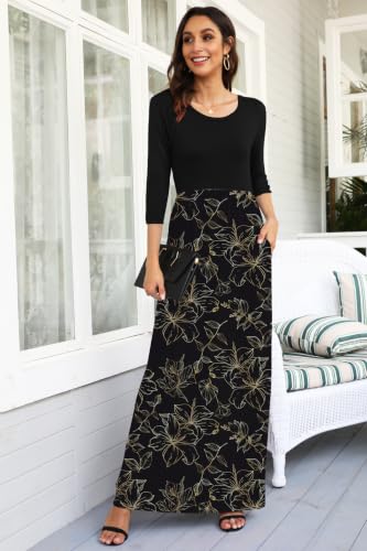 Image of WNEEDU Women's 3 /4 Sleeve Casual Loose Long Maxi Dresses with Pocket