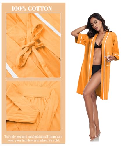 Image of ANLIQI Womens 100% Cotton Robes Lightweight Summer Short Sleeve Lady Bathrobe Knee Length Kimono Robe Sleepwear with Pockets