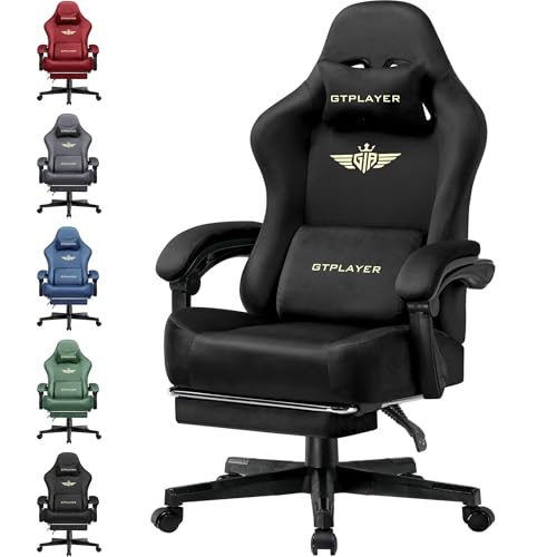 GTPLAYER Gaming Chair Fabric with Pocket Spring Cushion, Big and Tall Gamings Chairs 350LBS High Back Computer Chair with Footrest for Adults Lumbar Support Swivel Game Chair for Office Dark Black