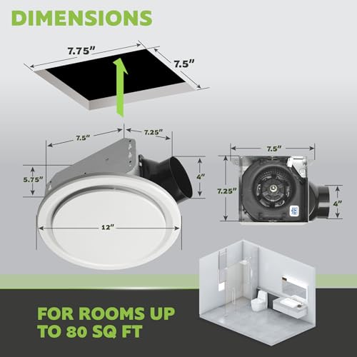 Image of Homewerks 7140-80-G3 Bathroom Fan Ceiling Mount Exhaust Ventilation, Whisper Quiet 1.1 Sones, 80 CFM, White