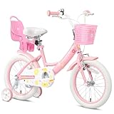Glerc Maggie 子供用自転車 女の子用 キッズバイク 幼児乗り練習 花柄 かご付き 補助輪付き こども三輪 ぬいぐるみ座席付き vブレーキ 4~7歳 16インチ 白 ピンク&ホワイト