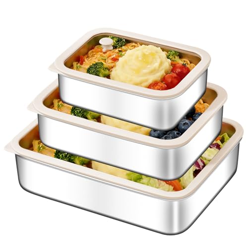 Image of GIUOIDUO 3-Piece Extra Thick 304 Stainless Steel Food Storage Containers with Non-Stick Bottom, Airtight Glass Lids & Silicone Seal, Stackable Kitchen Organization Boxes for Food Preservation