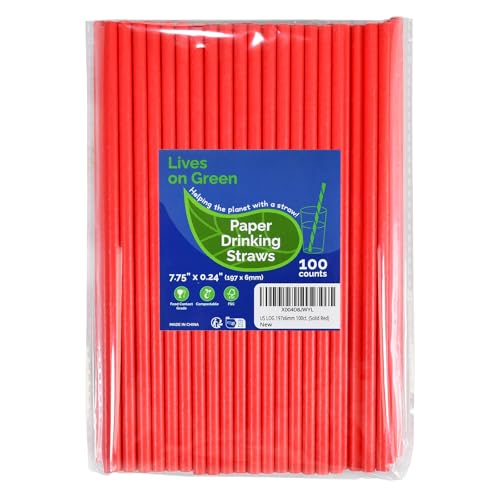 Lives on Green Lot de 100 pailles jetables en papier rouge solide, 19,7 cm, pour boire, décoration, gâteaux, loisirs créatifs, respectueux de l'environnement